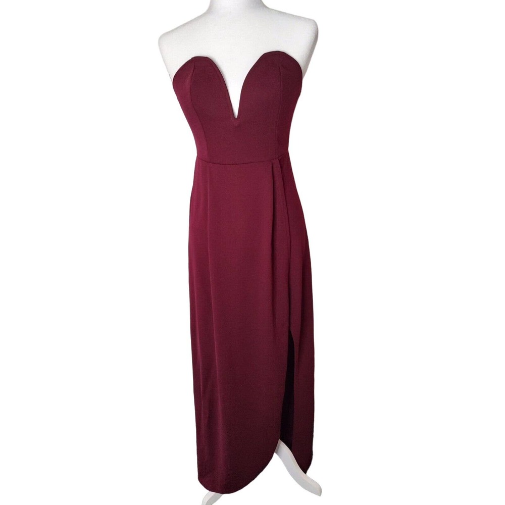 Verdusa Maroon Bandeau Sweetheart Neckline Side Slit Maxi Dress Size Medium